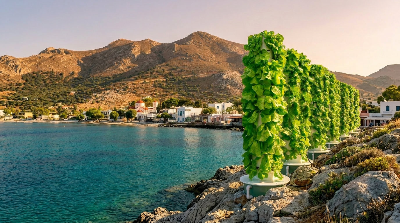 Vertical aeroponic Tower Farm with leafy greens overlooking the Aegean sea in Tilos