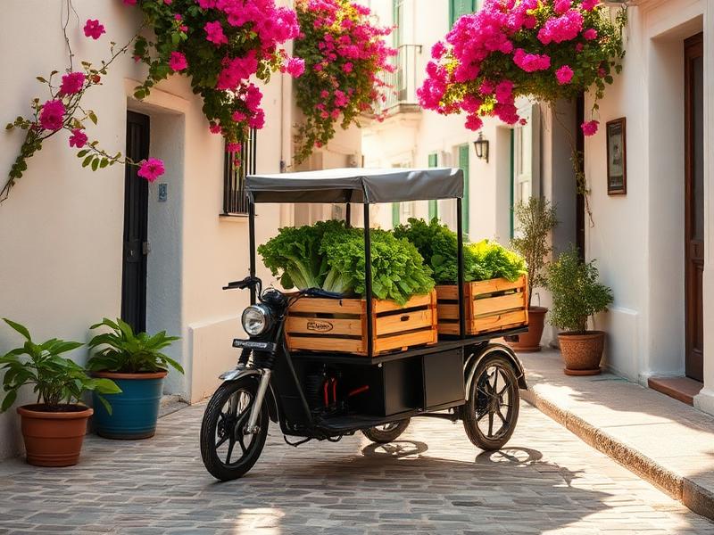 Electric delivery vehicle carrying crates of fresh greens on a Tilos street